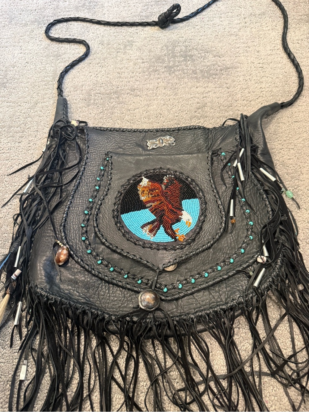 Black Leather Fringe Crossbody Bag with Beaded Eagle Accent